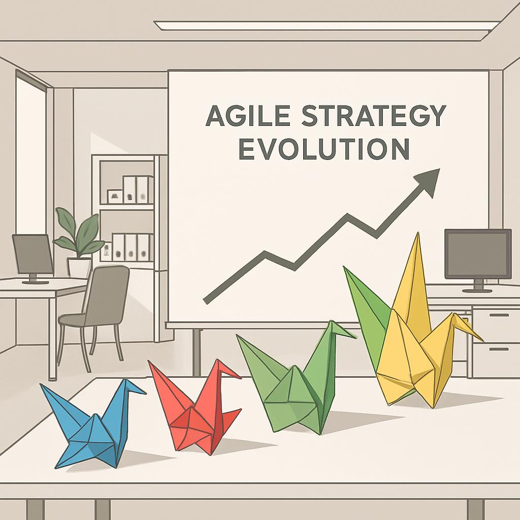 The image depicts five origami cranes, each representing an Iteration within the Agile framework. The intent is to visuali...