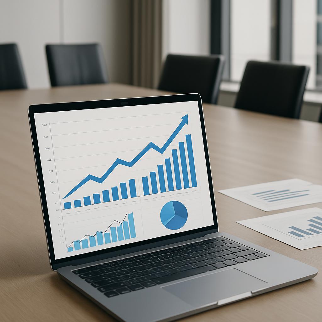 Laptop with bar graph on screen, standing on table in meeting room, papers with graphs to its right.