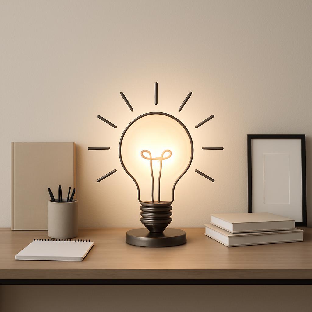 An image of a glowing light bulb surrounded by office supplies and items on a wooden desk in front of a white wall.